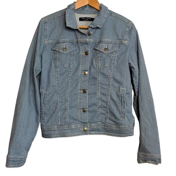 Max Jeans Blue White Striped Denim Trucker Jacket Women’s Medium Casual - Picture 2 of 10